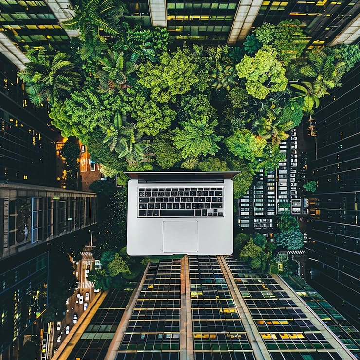 ordenador con plantas rodeado de edificios