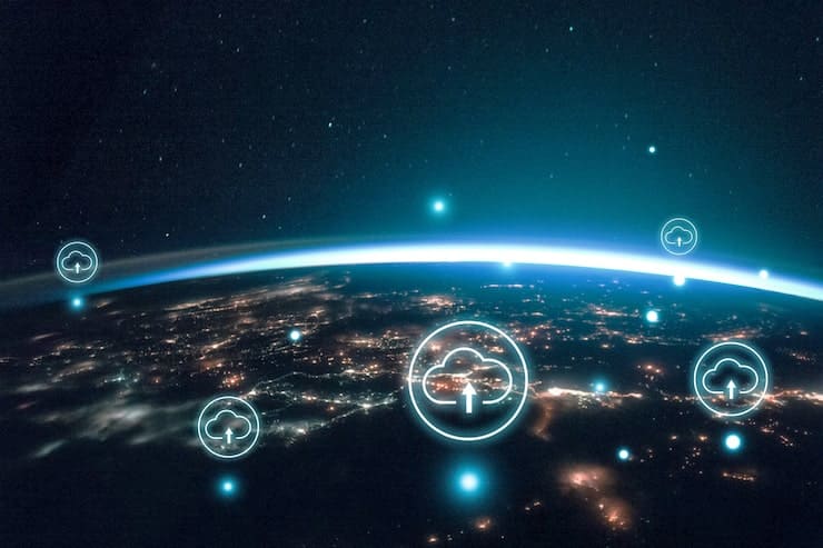 planeta tierra espacio iconos digitales de nubes