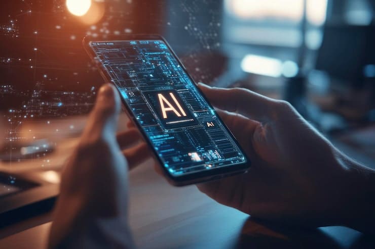 persona cogiendo una tablet con icono de AI en la pantalla